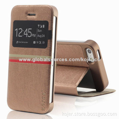 PU leather cases for iphone5, new flip mobile phone cases with window and stand function
